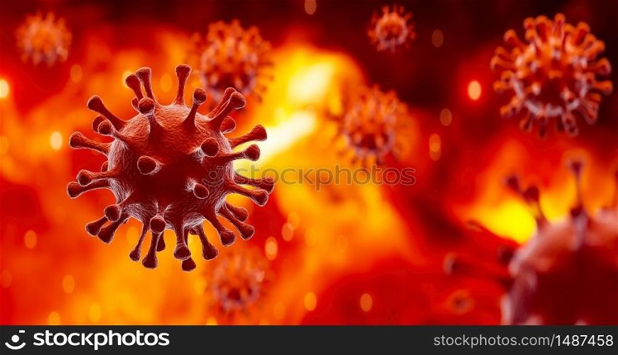 Image of Flu COVID-19 virus cell under the microscope on the blood.Coronavirus Covid-19 outbreak influenza background.Pandemic medical health risk concept with disease cell as a 3D render.. Image of Flu COVID-19 virus cell under the microscope on the blood.Coronavirus Covid-19 outbreak influenza background.