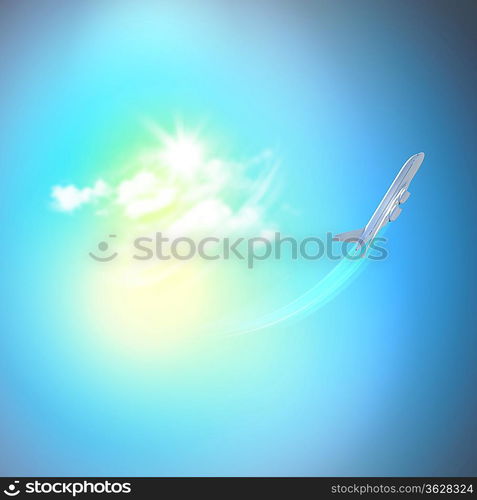 Image of flying airplane in clear sky with sun at background