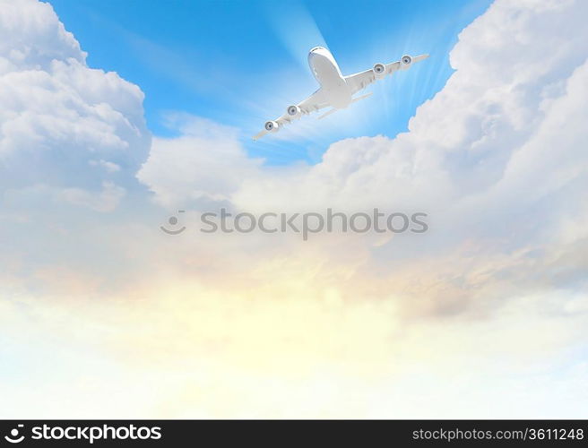 Image of flying airplane in sky with clouds at background