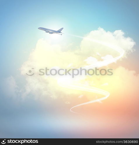 Image of flying airplane in sky with clouds at background