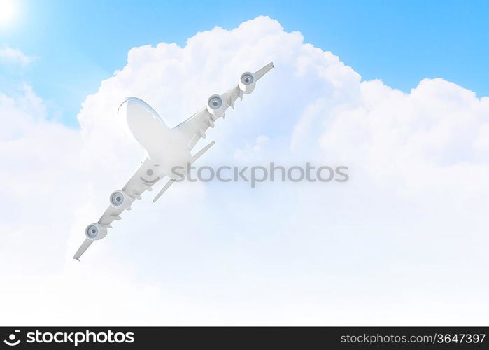 Image of flying airplane in sky with clouds at background