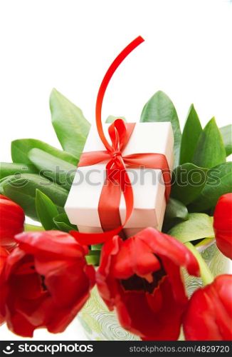 Image of fresh tulip bouquet in the pot, little gift box for mom, festive still life, isolated on white background, happy mothers day, valentine day, present for birthday, love and romance concept