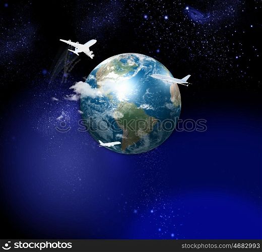 Image of globe. Image of globe with flying airplanes around