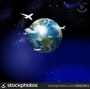 Image of globe. Image of globe with flying airplanes around