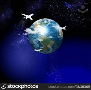 Image of globe with flying airplanes around