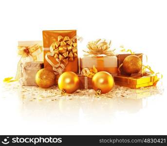 Image of golden gift boxes isolated on white background, variety of presents decorated with Christmas tree toys, studio shot, happy New Year greeting card, shopping concept, xmas surprise&#xA;