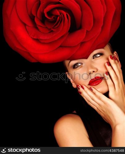 Image of gorgeous woman with fashionable hairstyle isolated on black background, luxury beauty salon, girl wear floral hat with red rose, stylish makeup, Valentine day, passion and seduction concept