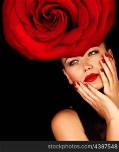 Image of gorgeous woman with fashionable hairstyle isolated on black background, luxury beauty salon, girl wear floral hat with red rose, stylish makeup, Valentine day, passion and seduction concept