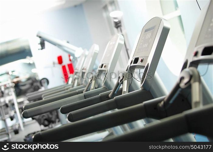 Image of gym. Image of treadmill in gym. Fitness and athletics