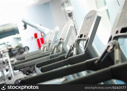 Image of gym. Image of treadmill in gym. Fitness and athletics