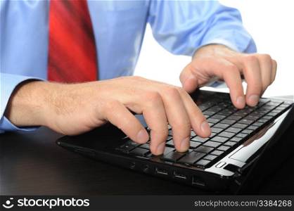 Image of hands businessman on the laptop keyboard. Isolated on white background