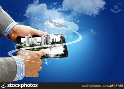 Image of hands touching pad. Image of businessman hands touching pad with virtual illustration