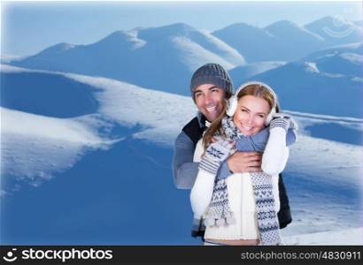 Image of happy couple hugging outdoors, young loving family having fun in snowy mountains, handsome man embracing his cute girlfriend, honeymoon in wintertime, winter holidays, love concept&#xA;