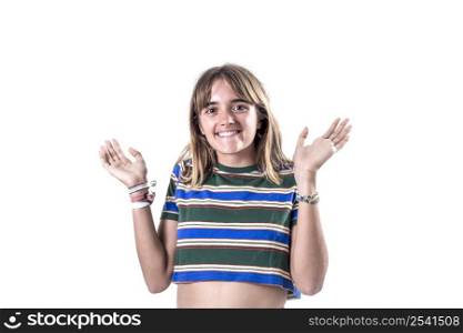 Image of happy woman throwing up hands over white background