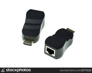 Image of HDMI extender to network lan internet adapter computer isolated on white background. Computer hardware.