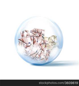 Image of heap of money bills inside a glass sphere