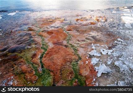 Image of Hot Springs in Southern part of Yellowstone National Park flowing into Yellowstone Lake