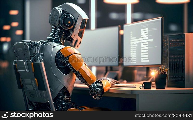 Image of human-liked robot working on computor in office instead of human, Artificial Intelligence concept image created by Generative AI technology