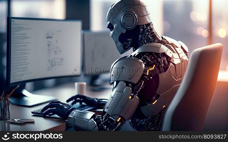 Image of human-liked robot working on computor in office instead of human, Artificial Intelligence concept image created by Generative AI technology