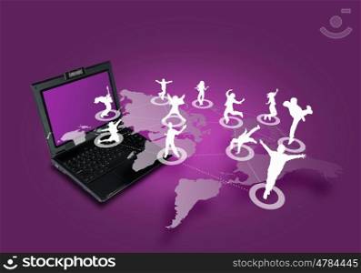 Image of laptop computer with symbols of network and communication