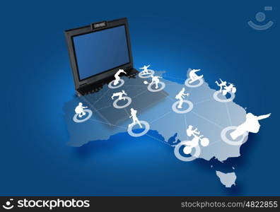 Image of laptop computer with symbols of network and communication