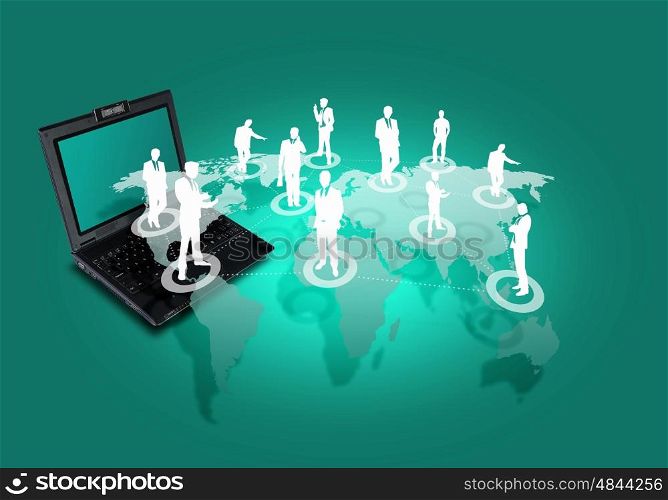 Image of laptop computer with symbols of network and communication