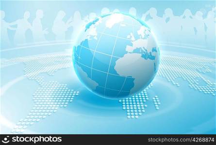 Image of light blue planet Earth against social network background