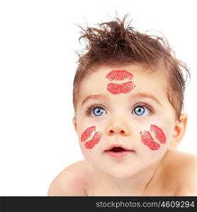 Image of lovely Cupid boy with red lipstick stamp on his cheeks and forehead isolated on white background, Valentines day, romantic holiday, beautiful blue eyes, love and care concept