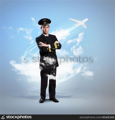 Image of male pilot. Image of male pilot with airplane flying around him