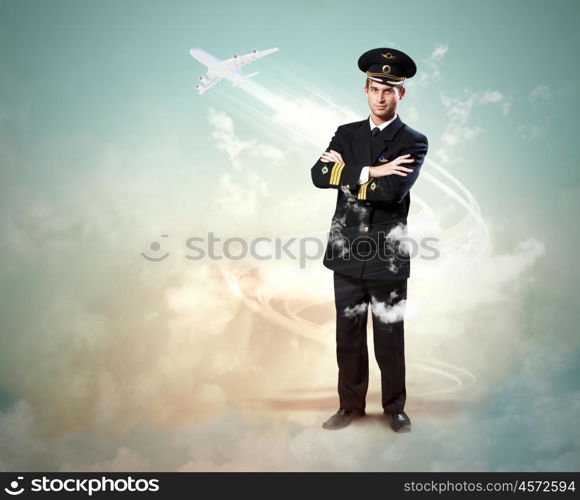 Image of male pilot. Image of male pilot with airplane flying around him