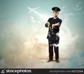 Image of male pilot. Image of male pilot with airplane flying around him