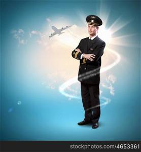 Image of male pilot. Image of male pilot with airplane flying around him