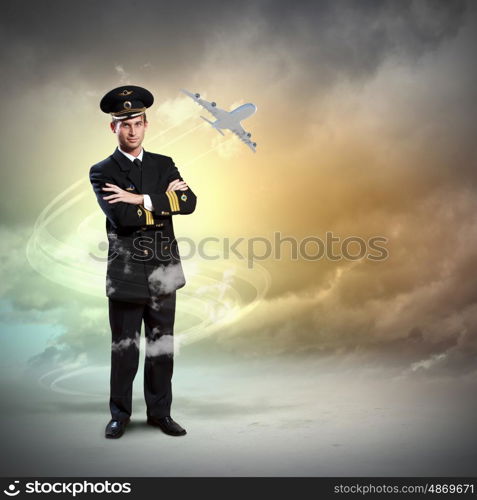 Image of male pilot. Image of male pilot with airplane flying around him