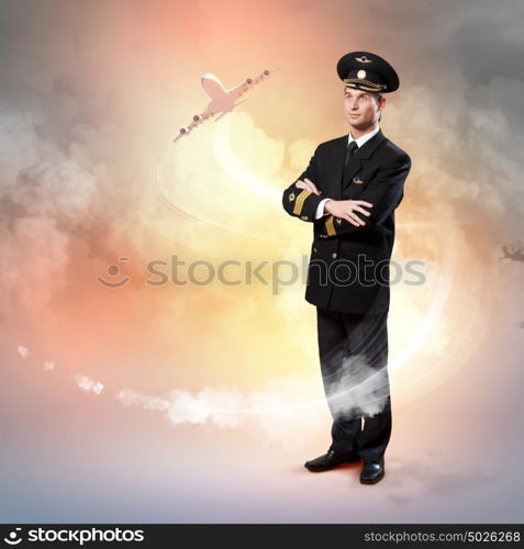 Image of male pilot. Image of male pilot with airplane flying around him