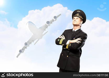 Image of male pilot with airplane at background