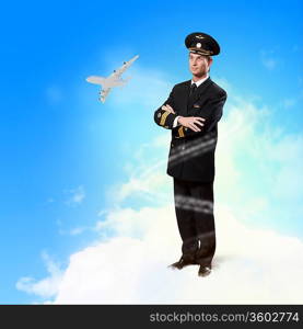 Image of male pilot with airplane flying around him