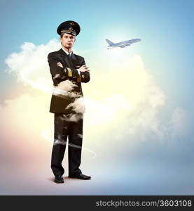 Image of male pilot with airplane flying around him