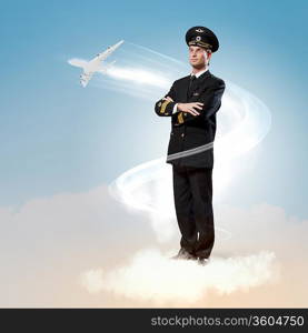 Image of male pilot with airplane flying around him