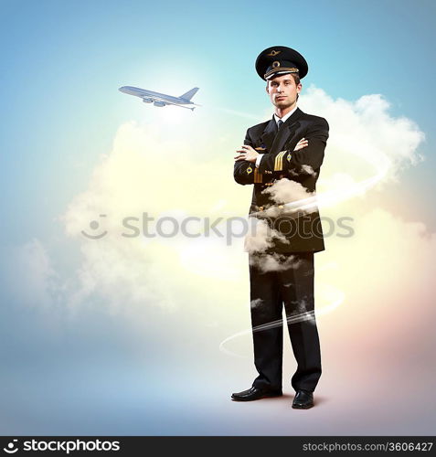 Image of male pilot with airplane flying around him