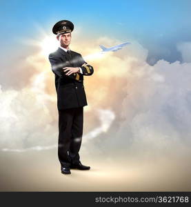 Image of male pilot with airplane flying around him