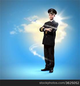 Image of male pilot with airplane flying around him