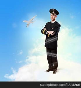 Image of male pilot with airplane flying around him