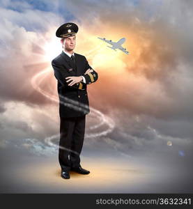 Image of male pilot with airplane flying around him