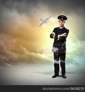 Image of male pilot with airplane flying around him