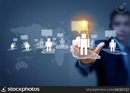Image of male touching icon of social network. Image of male touching virtual icon of social network