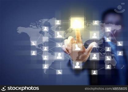 Image of male touching icon of social network. Image of male touching virtual icon of social network