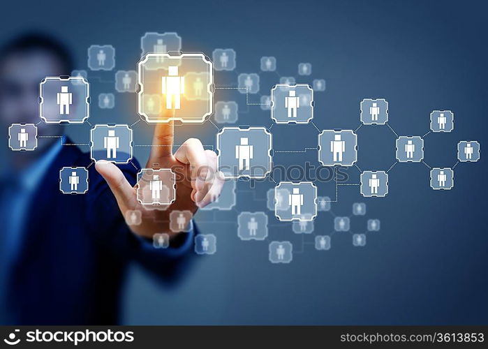 Image of male touching virtual icon of social network