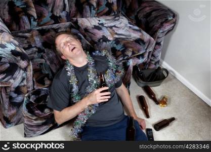 Image of mature man falling asleep drunk from home party