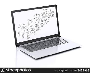 image of Modern Laptop with creative process sketch on screen. 3d illustration on white background. 3d Modern Laptop with creative process sketch on screen