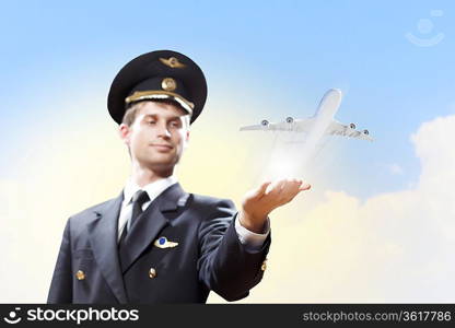 Image of pilot with airplane taking off from his hand